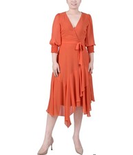 NY Collection Womens Chiffon Belted Handkerchief Hem Flounce Dress