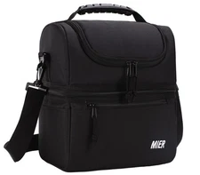 MIER 2 Compartment Lunch Bag for Men Women, Leakproof Insulated Medium, Black
