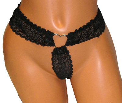 Panties Lingerie Metal Heart Ring Black Lace Thong   XL  Adult Gift