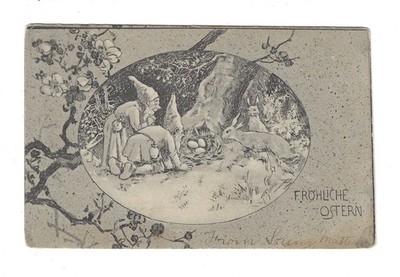 1905 German Frohliche Ostern Easter Postcard Elfs & Rabbit Finding Eggs 2793