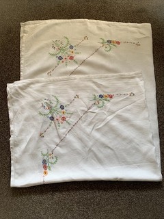 Vintage White Hand Embroidered Linen Tablecloth 130cm X 124cm
