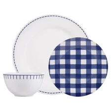 Dinnerware Set 12 Piece Rustic Cottage Navy White Service for 4