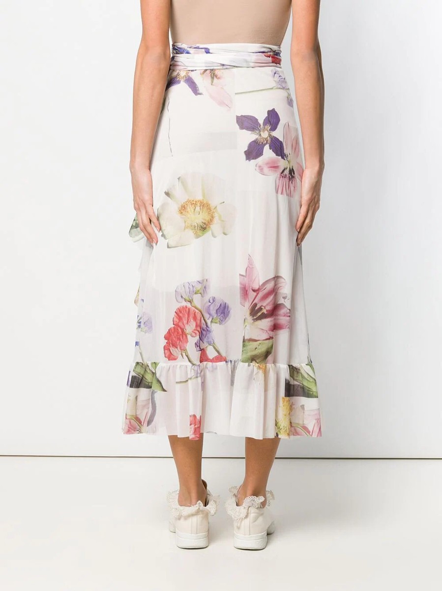 NWT GANNI Floral Print Mesh Ruffled Wrap Midi Skirt White