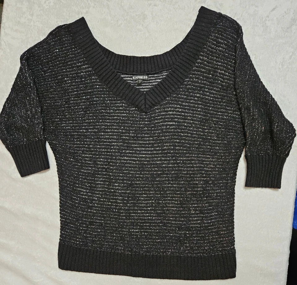 Suéter Express Talla Grande Negro Rayas Metálico Hilo Plateado Y2K Años 90 Semi Transparente Foto 2 de 4