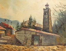 Impressionist oil painting cityscape landscape church bell tower signed