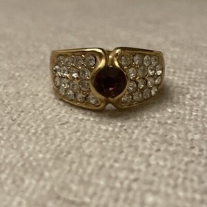 Authentic Vintage 18K GE Yellow Gold Plated Clear Crystal Cluster Garnet Wide Band Ring 7