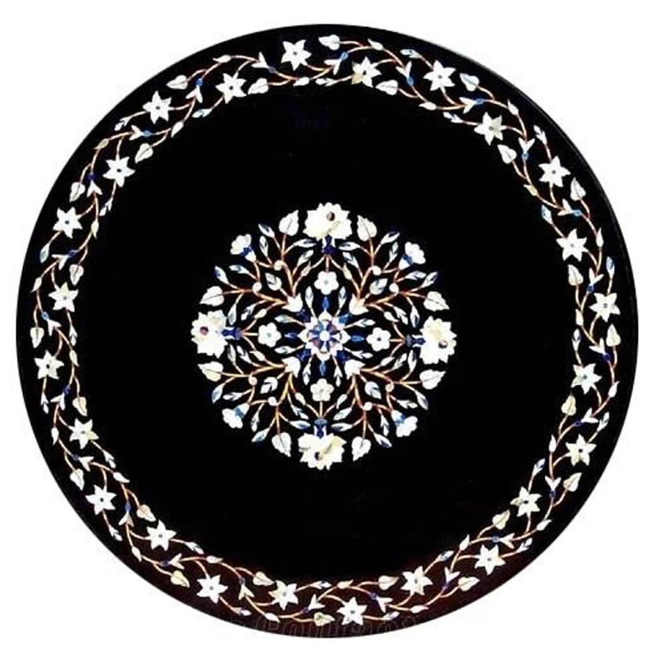 25" Black Marble Center Table Top Mother of Pearl Art Patio Home Decor - Image 4 of 4