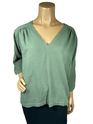 MASSCOB Roya Top Size M Iced Mint Color 100% Cotton 3/4 Sleeves Gathered Shoulde