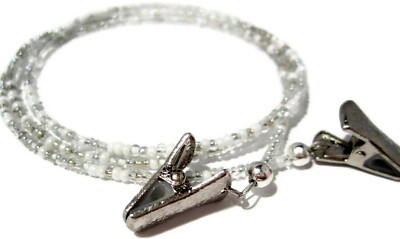 White and Silver Beaded Eyeglass Necklace Holder, Glasses Lanyard with Clips