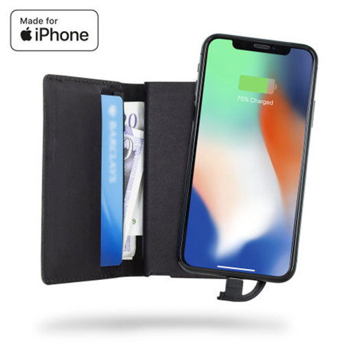 GNIST ECHT SCHWARZ LEDER GELDBÖRSE mit APPLE IPHONE LADEGERÄT 1800mah SICHERUNG BRANDNEU IN VERPACKUNG - Bild 1 von 11