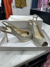 Womens Jimmy Choo Nova Champagne Glitter Peep Toe Slingback Heels 38.5 US/8.5
