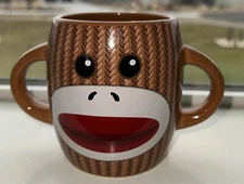 Sock Monkey Mug with Two Handles Ears 16 oz Brown Ceramic Galerie