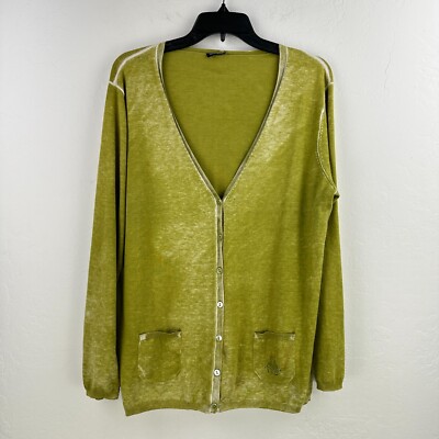 Gerry Weber Sweater Womens 44 Chartreuse Cardigan Rhinestone Minimalist Pockets