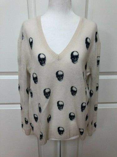 V-Neck Skull Print Cashmere Sweater 