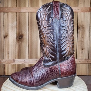 Bottes Western Cowboy Vintage 70s Marron - Cuir Et Peau De Crocodile Dos Corne - Taille 8.5