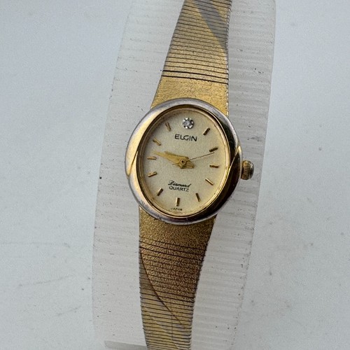 VTG Elgin Quartz Watch Women Genuine Diamond Gold Tone Oval Analog New Battery - Picture 2 of 7