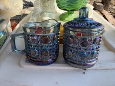 Indiana Glass Windsor Carnival Iridescent Blue Creamer And Sugar Bowl