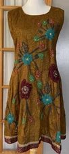 70s Handmade Floral Embroidery Dress Sz M Blue Red Textured Cottage Boho Classic