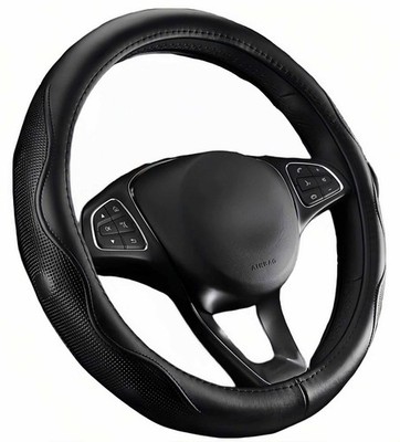 Car Real Leather Steering Wheel Cover for Pickup Truck Black 15.5 inch