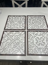 Carved Wood Wall Art Decor White brown 4 pcs Decorative Panels Modern Plaque