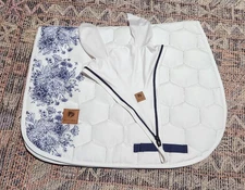 Dotibel, New, jump saddle pad + fly bonnet veil ear net, white blue flowers Full