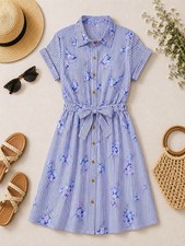 NWT LuLaRoe Medium Stacie Shirt Dress - Purple Floral Print Vertical Lines
