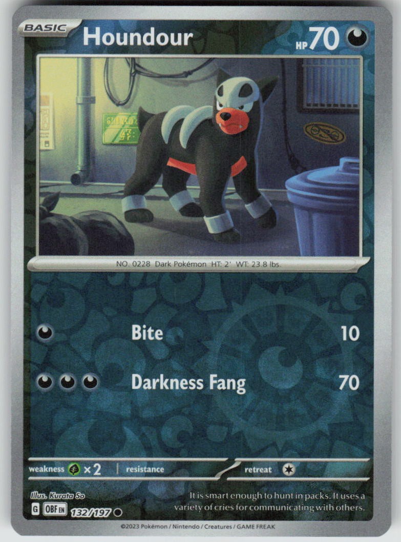 HOUNDOUR 132/197 COMMON OBSIDIAN FLAMES POKEMON REVERSE HOLO LP