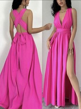 Pink Sleeveless Maxi Dress Backless V-Neck High Slit Bow Accent. NWT