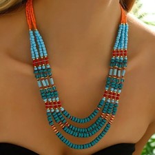 Boho Western Multi-layer Beaded Necklace Retro Ethnic Turquoise Red  Orange