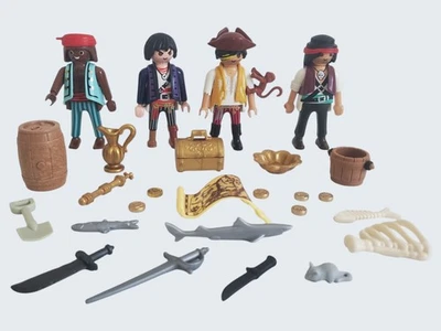 Lot Playmobil Pirates 4 Figurines Tresor Coffre Singe Animaux Sabres Cartes Arme - Photo 1/4