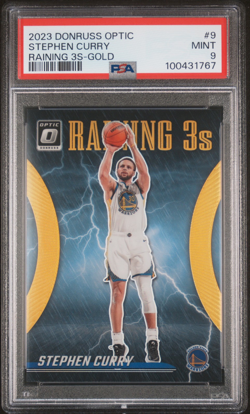 2023 PANINI DONRUSS OPTIC RAINING 3S GOLD #9 STEPHEN CURRY 10/10 PSA 9