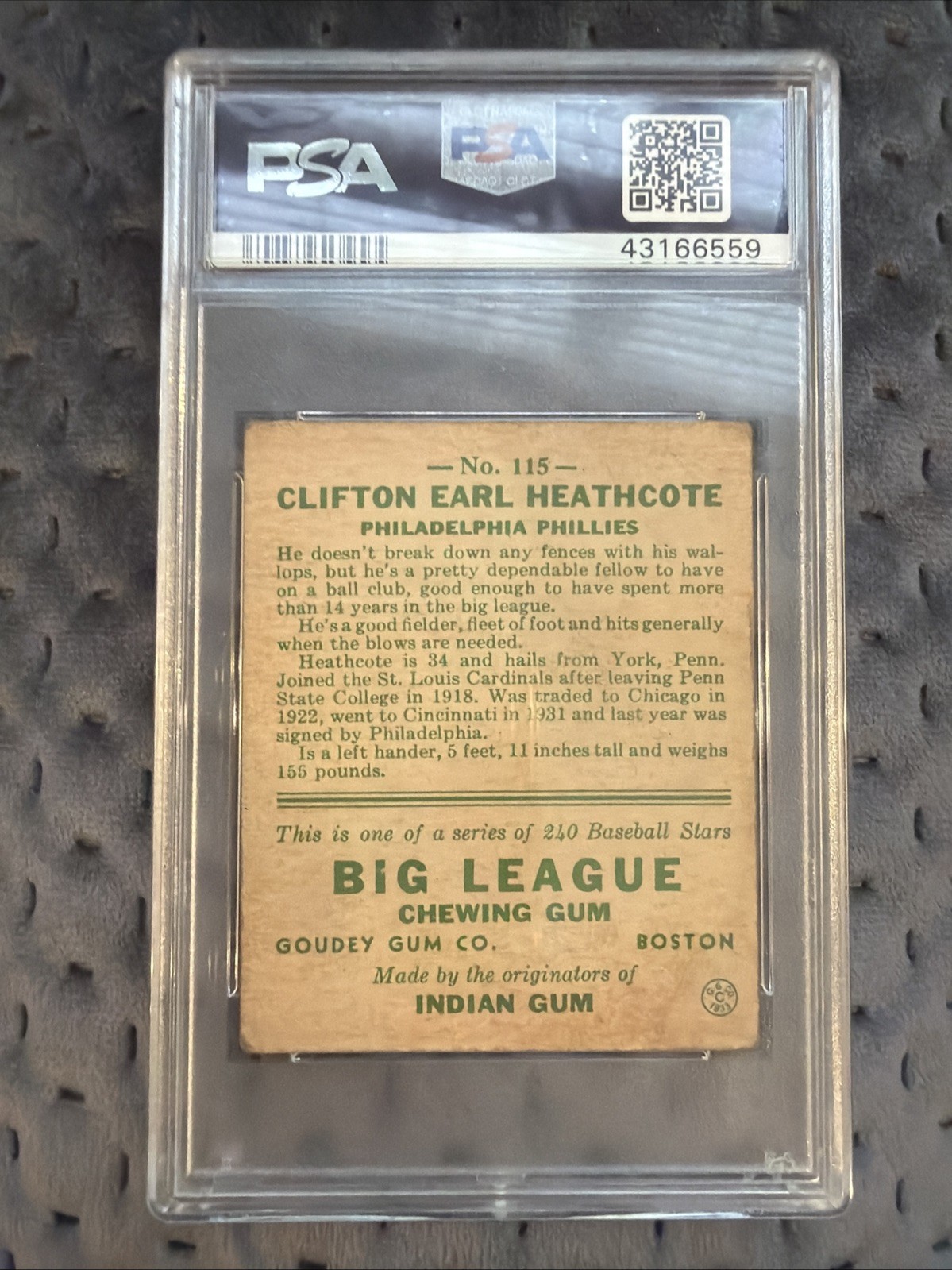 1933 Goudey #115 Cliff Heathcote Philadelphia Phillies PSA 3 Under Graded view 3