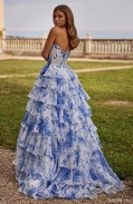 Sherri Hill - Size: 4 - Floral Blue Print Strapless Satin Corset Dress - 57250