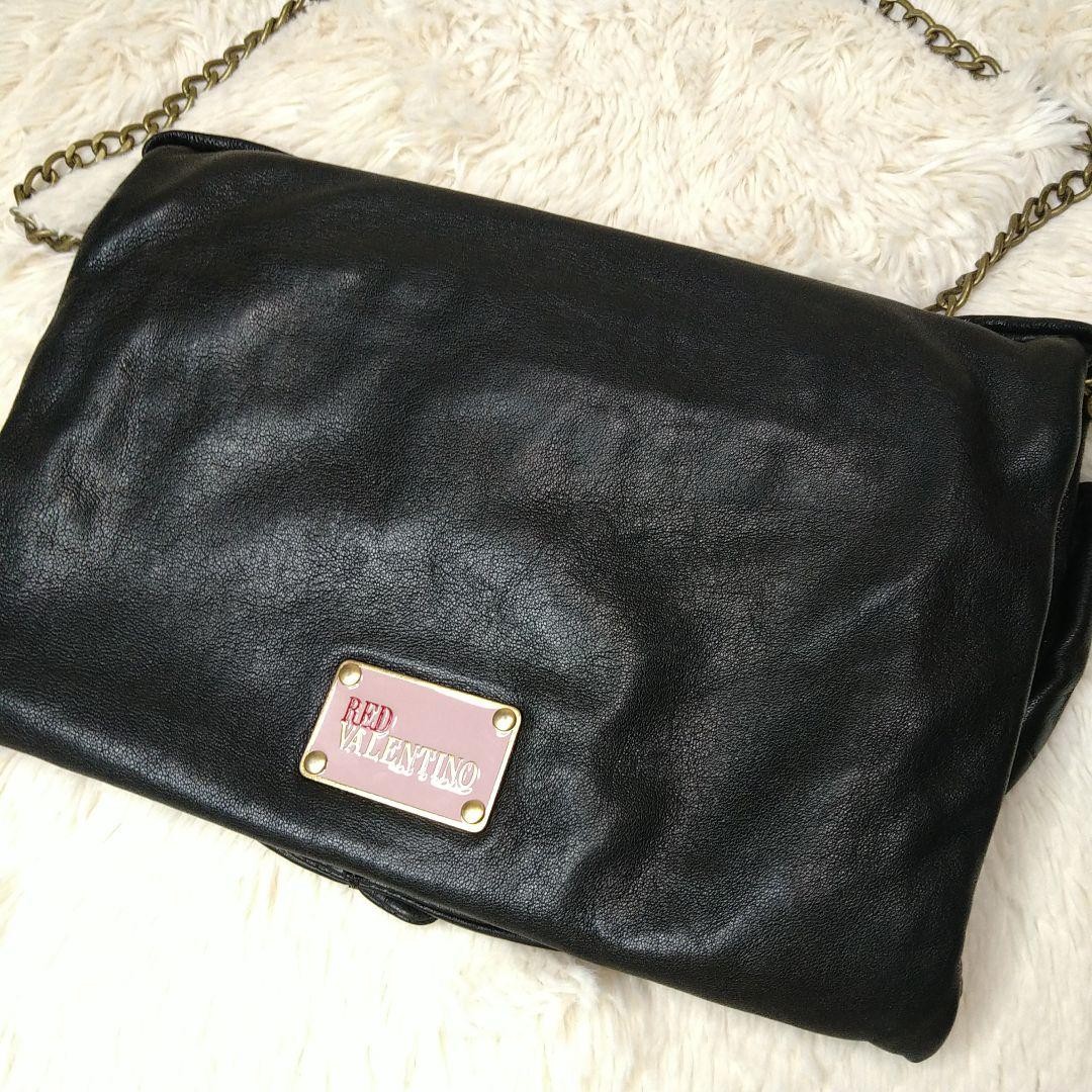 Red Valentino Shoulder Bag Purse Clutch Chain Ribbon Leather Black Authentic thumbnail 8