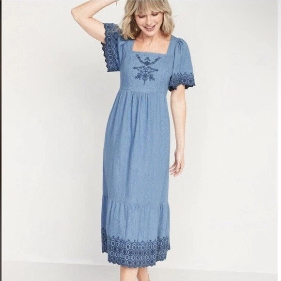 Old Navy Womens Small Fit Flare Flutter Sleeve Smocked Back Chambray Midi Dress - Image 3 of 4