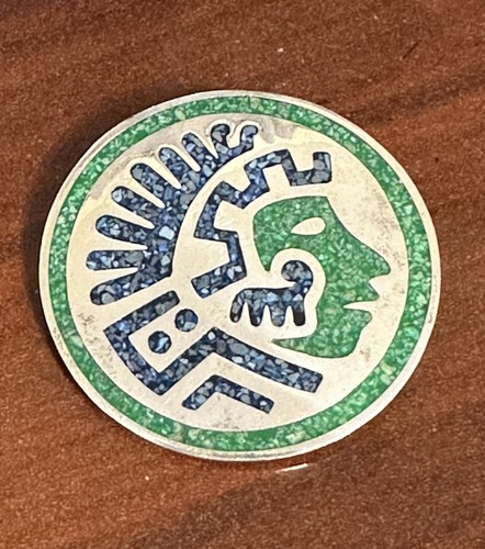 Vintage POM Taxco Sterlingsilber Intarsien Edelstein Azteken Pin Anhänger - Bild 3 von 6