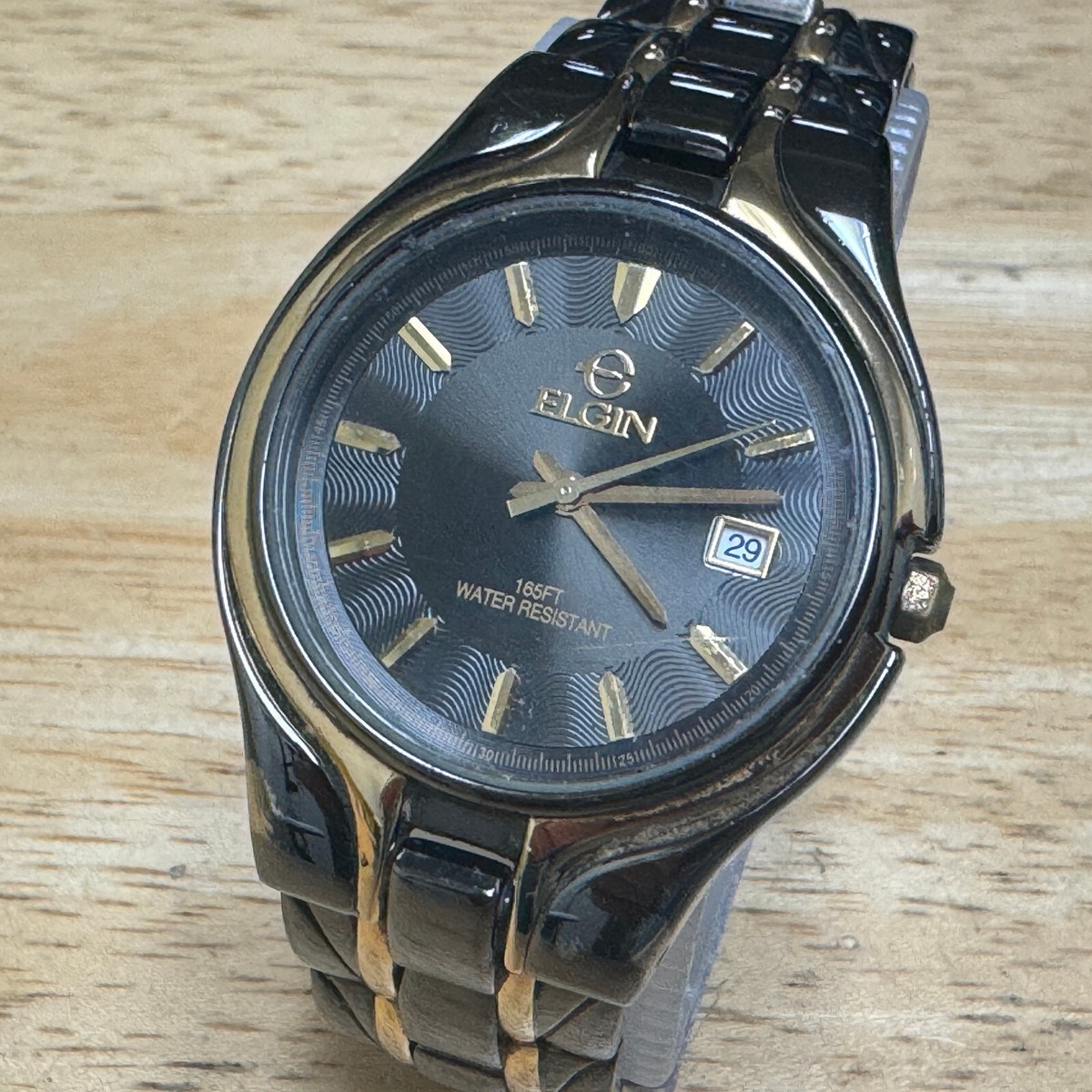 Elgin Quartz Watch Men 50m Gold Tone Black Japan Movt Date Analog