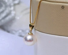 Japanese Akoya Pearl white Pendant necklace 18K Yellow Gold clasp 7, 8, 9, 10mm