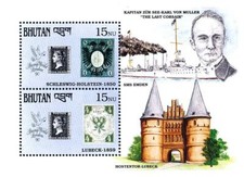 👉 BHUTAN 1990 BLACK PENNY ANNIV. S/S MNH STAMP on STAMP, GERMAN WWI SHIP