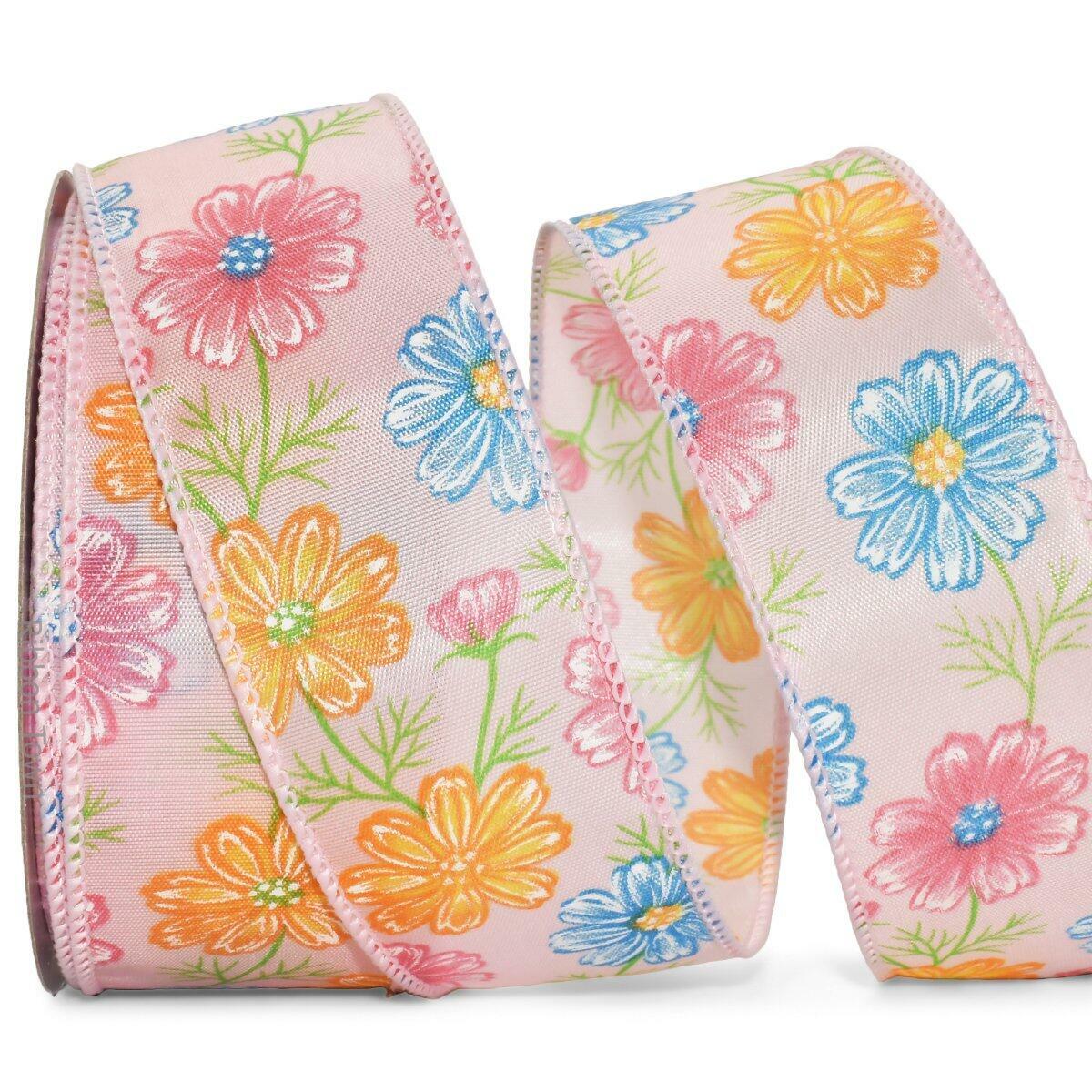 10 Yards Pink Yellow and Blue Spring Flowers Wired Ribbon 1 1/2
