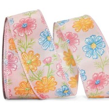 10 Yards Pink Yellow and Blue Spring Flowers Wired Ribbon 1 1/2"W