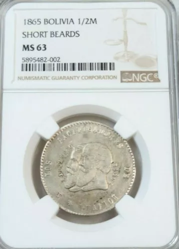 1865 BOLIVIA SILVER 1/2 MELGAREJO SHORT BEARDS NGC MS 63 RARE TOP POP 1