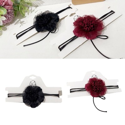 Gauze Flower Choker Necklace Neck Chain Long Lace up Collar Choker Jewelry