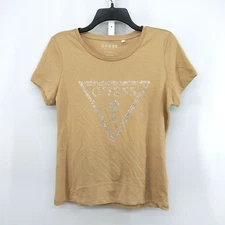 Guess Shirt Womens Size L Tan Short Sleeve Beaded Guess Logo Pullover Top