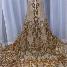 Golden French Net Sequins Lace Fabric - 3Yard Nigerian Tull
