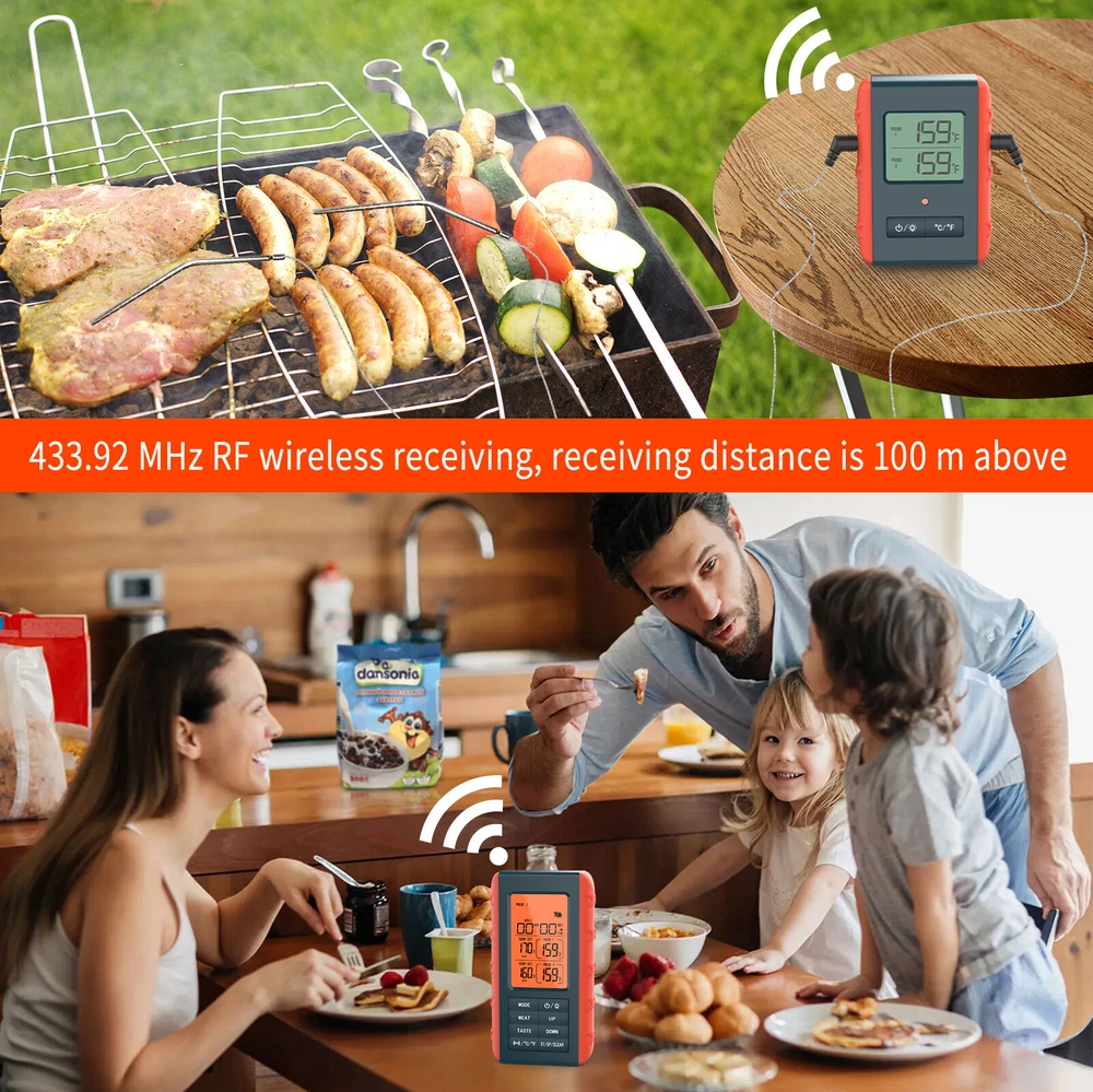 Wireless Meat Thermometer With 2 Propes For Grilling Kitchen Food Cooking US
