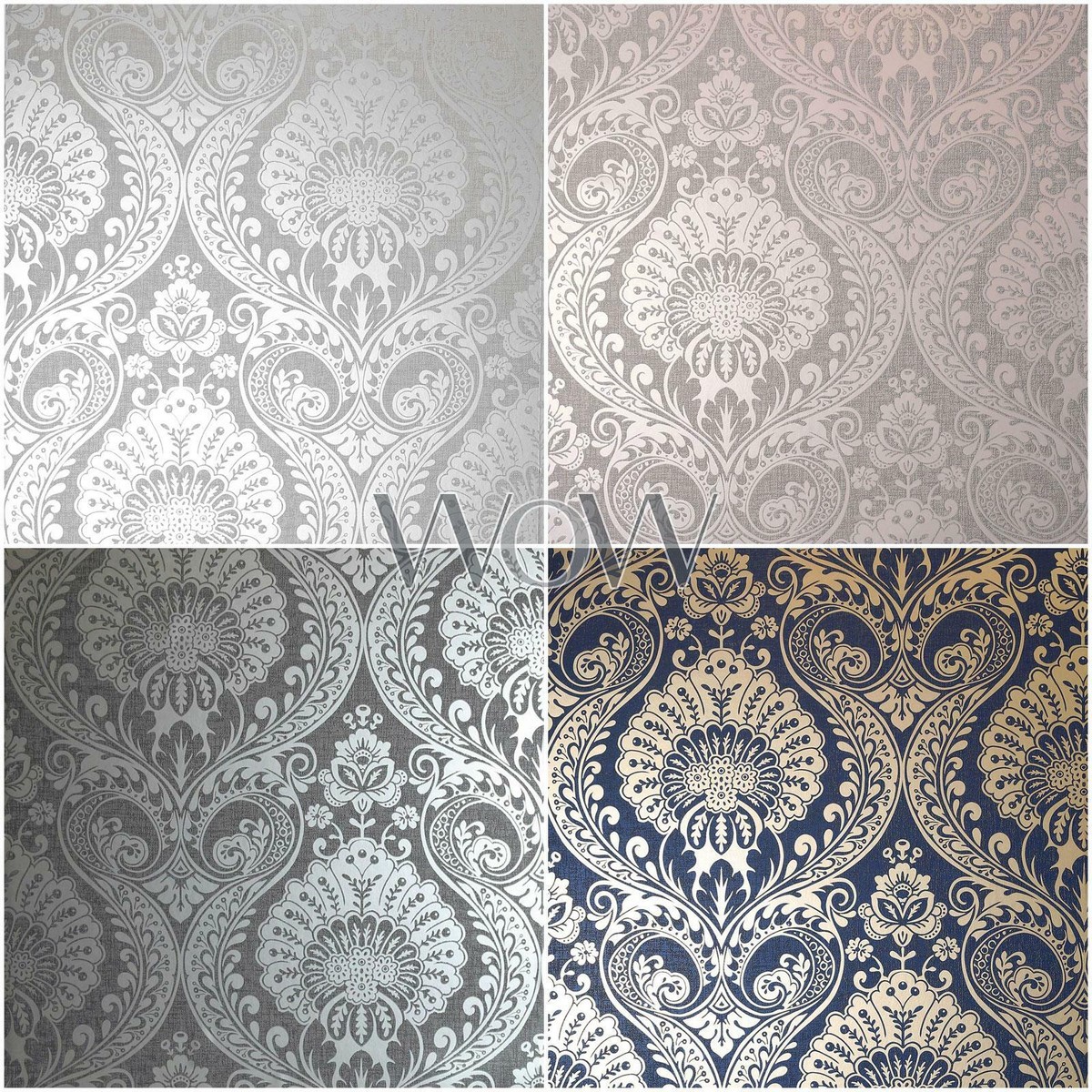 Silver Metallic Damask Wallpaper