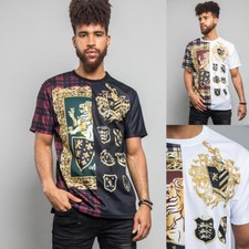 Victorious Men's Casual Gold Foil Royal Plaid Mix Lion Print T-Shirt TS7279