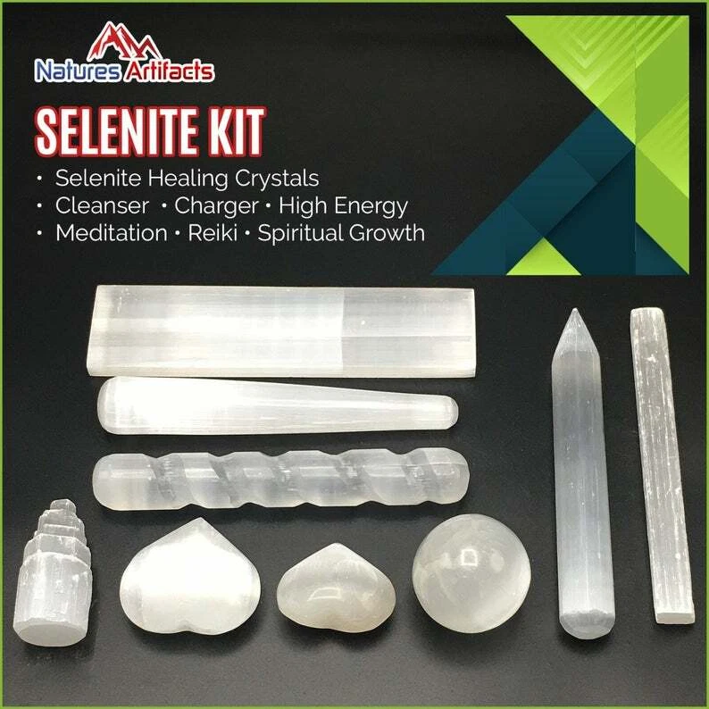Selenite Crystal Healing Self Care Kit, 9 Pieces Smudge Cleansing & Wellness Kit