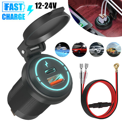 USB + Type C Car Cigarette Lighter Socket Fast Charger Power Adapter Waterproof